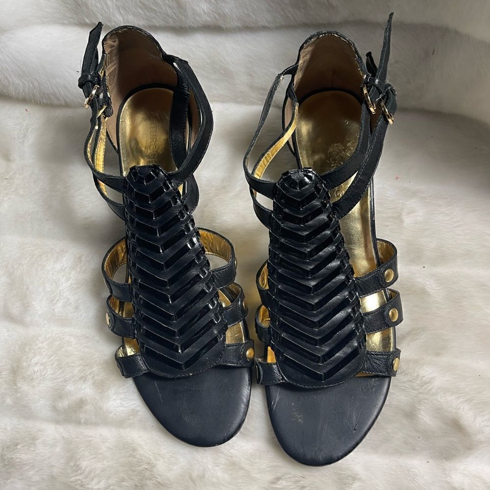 Arturo Chiang Leather black ankle straps wedge sandals SZ10M - Picture 9 of 12